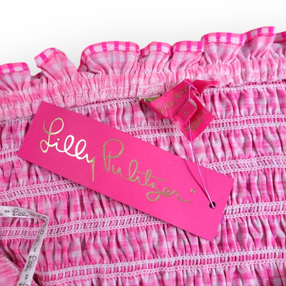 Lilly Pulitzer Jadis Top Pink Isle Along the Same Line Gingham Strapless Top L - Picture 5 of 7